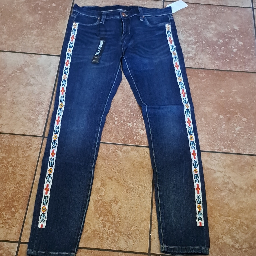 Blank NYC Blue Straight Leg Jeans with Unique Trim